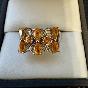 Orange Spessarite W/White Zircon Rhodium over Sterling Silver. Sz 7.